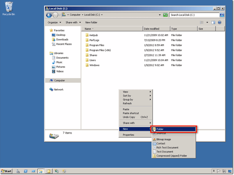 Windows Explorer create a new folder screen