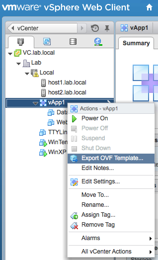 Exporting a VMware vApp OVF Template.