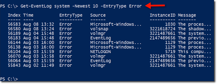 Get 10 most recent event log errors