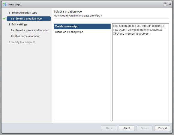 Creating a new VMware vApp.