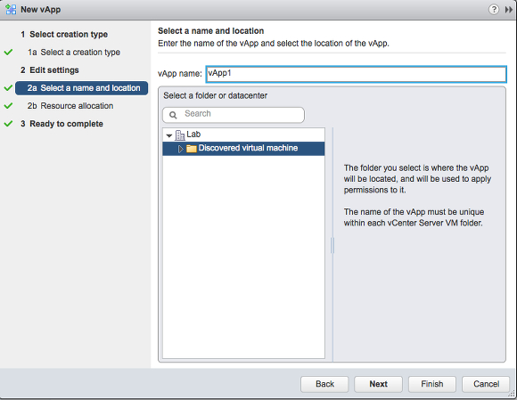 Selecting VMware vApp name and location options.
