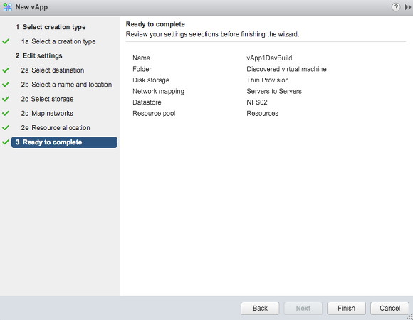 A summary screen of the VMware vApp cloning process.
