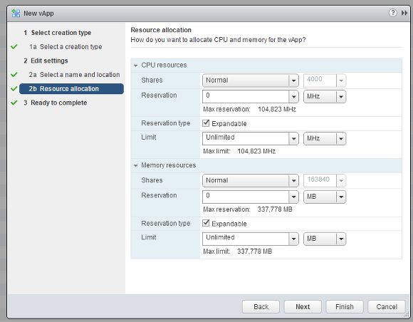 Editing resource allocation settings for VMware vApp.