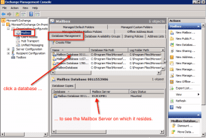 Image of the Database Management Tab demonstrating how to find which mailbox server a database is stored on.