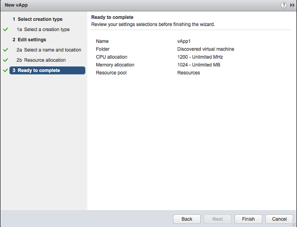 Completing creation of a VMware vApp. 