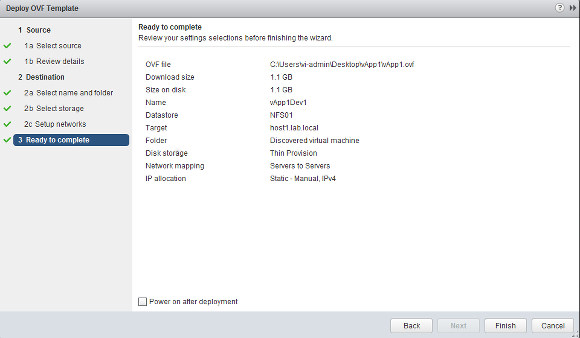 The VMware vApp Deploy OVF Template summary screen.