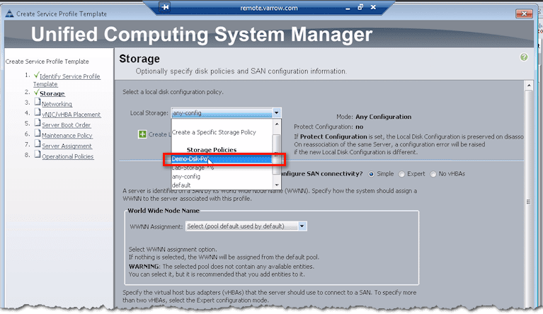 selecting newly created local disk config policy