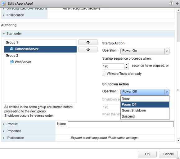 Editing VMware vApp shut-down options.