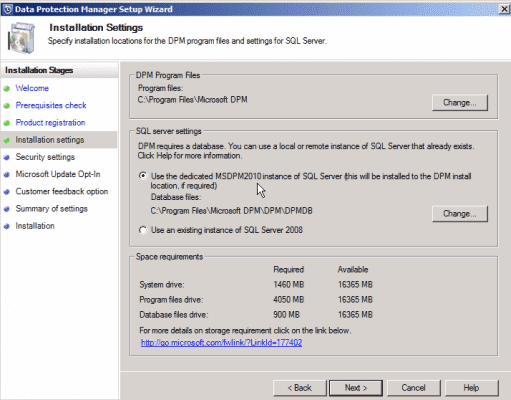 DPM Installation Settings