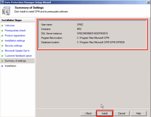 DPM summary of settings