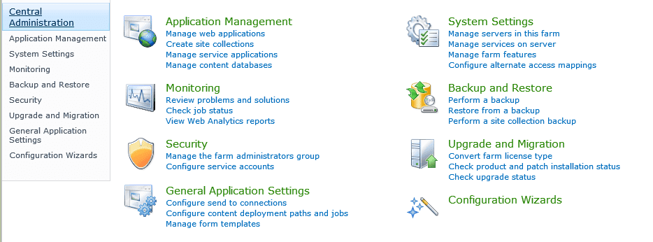 Sharepoint 2010 administration navigation menu