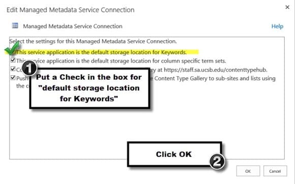 Configuration of the Managed Metadata: connection properties