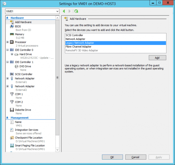 Generation 1 Hyper-V VMs can only PXE Boot with the Legacy Network Adapter