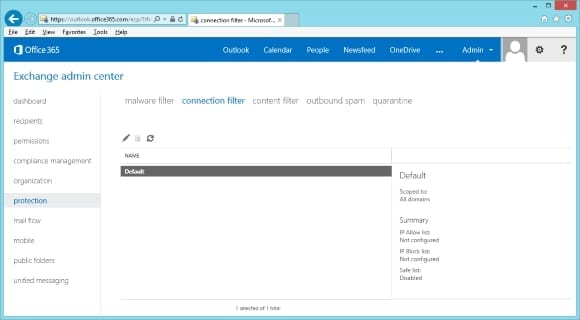 Connection Filter settings via the protection feature of the Exchange admin center.