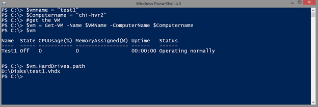Getting the path to the virtual machine's hard drive with Windows PowerShell. (Image Credit: Jeff Hicks)