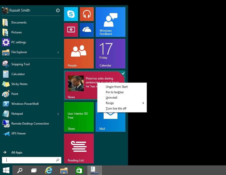 Unpin and resize live tiles on the Windows 10 Start menu (Image Credit: Russell Smith)