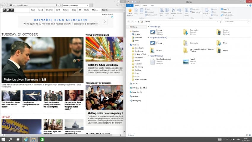 Snap windows left and right in Windows 10 Technical Preview (Image Credit: Russell Smith)