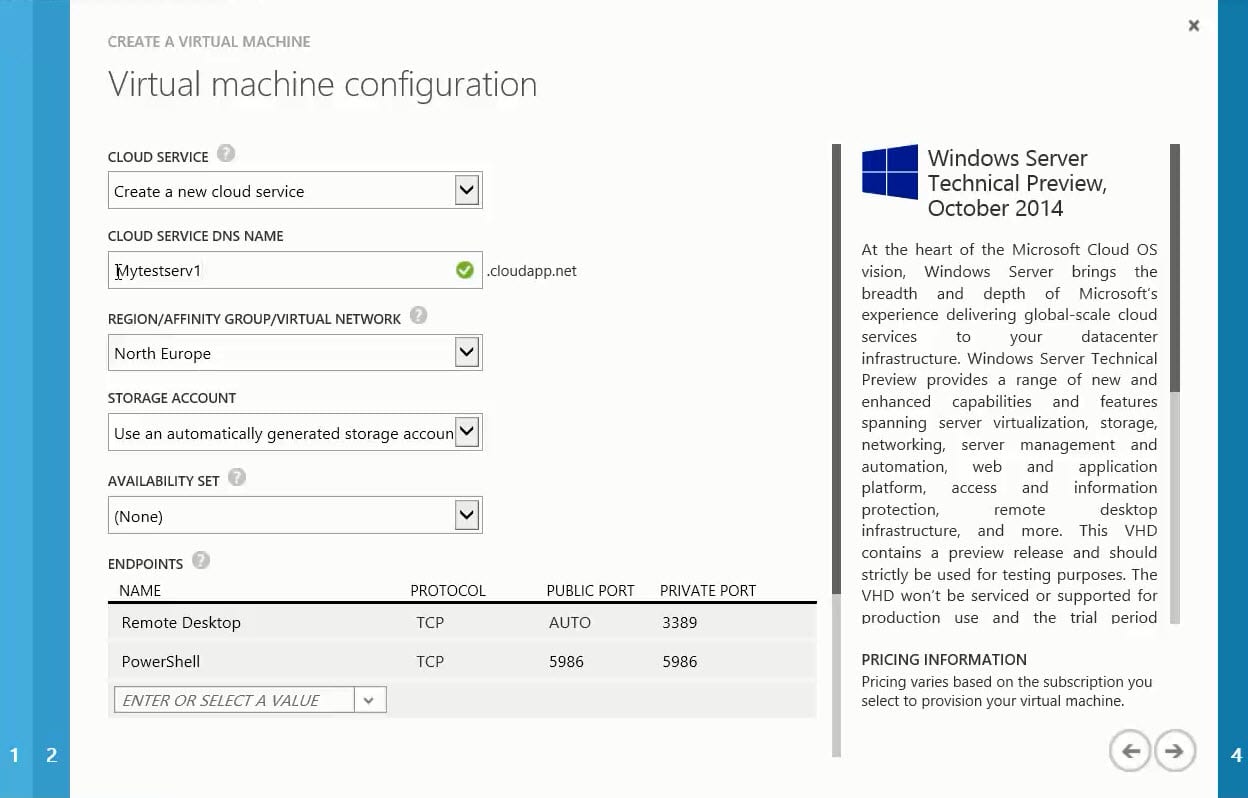 Configure a cloud service name and region for the new Azure VM (Image: Russell Smith)