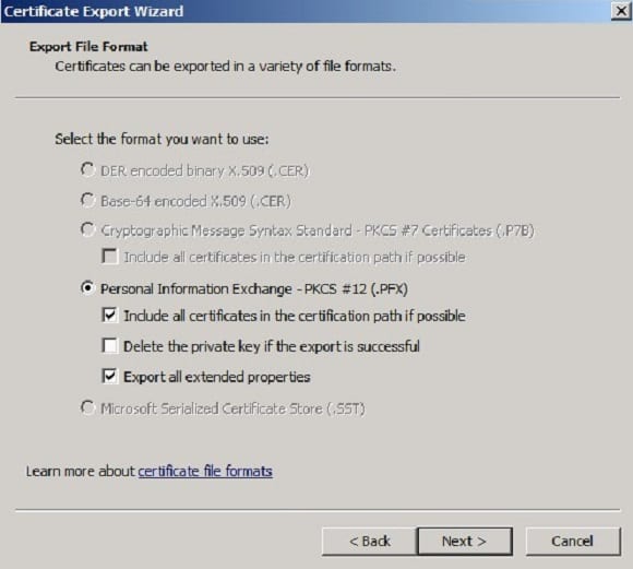 Choosing the file format in the Certificate Export Wizard. (Image Credit: Krishna Kumar)