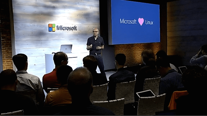 Microsoft CEO Satya Nadella proclaims "Microsoft loves Linux!" at a press event on Oct 20th, 2014. (Image Credit: Jeff James)