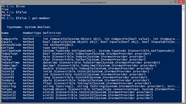 Boolean values in Windows PowerShell. (Image Credit: Jeff Hicks)