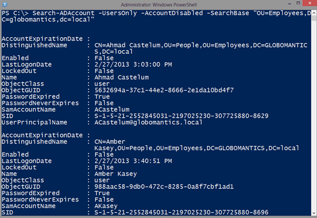 Limiting our search to part of the organizational unit in Windows PowerShell with Search-ADAccount. (Image Credit: Jeff Hicks)
