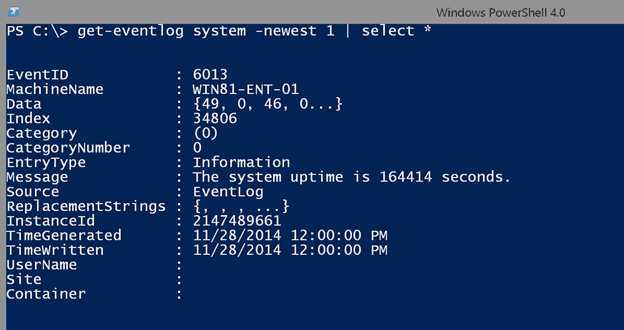 Obtaining the source property with the get-eventlog cmdlet in PowerShell. (Image Credit: Jeff Hicks)