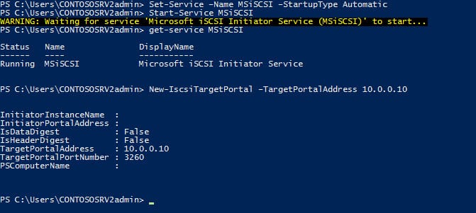 Starting the iSCSI initiator service and defining the target portal. (Image Credit: Russell Smith)