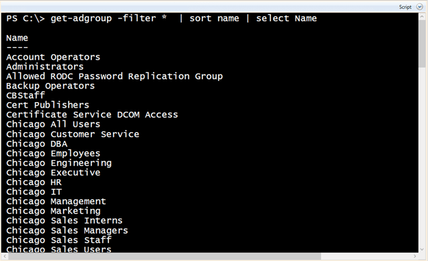 Grabbing list of avaialble groups in domain by sorting on the name property in Windows PowerShell. (Image Credit: Jeff Hicks)