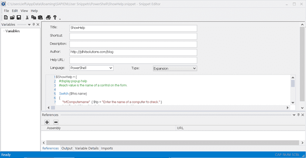 Dialog box for creating a snipped in SAPIEN PowerShell Studio. (Image Credit: Jeff Hicks)