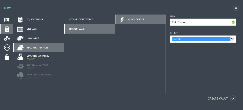 Creating an Azure backup vault (Image Credit: Aidan Finn)