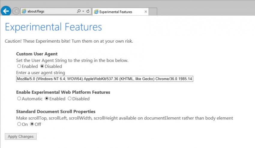 Enabling Edge mode on the new Experimental Features dashboard in Internet Explorer 11 on the Windows 10 Technical Preview. (Image Credit: Russell Smith)