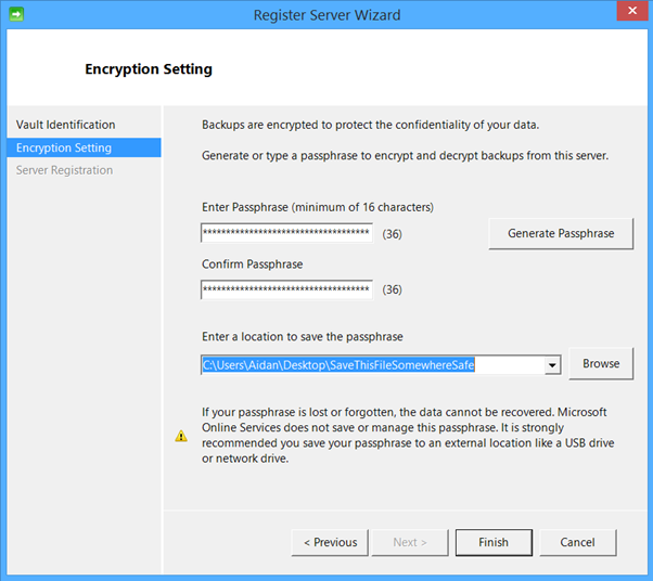 Generating and saving the encryption passphrase. (Image Credit: Aidan Finn)