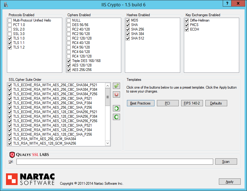 Nartac Software's IIS Crypto was created to simplify enabling and disabling various protocols and cipher suites on servers running IIS. (Image Credit: Daniel Petri)