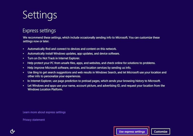 Choosing Express settings option for the Windows 10 technical preview install. (Image Credit: Daniel Petri)