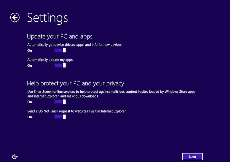 Changing basic security and privacy settings in the Windows 10 technical preview installation. (Image Credit: Daniel Petri)