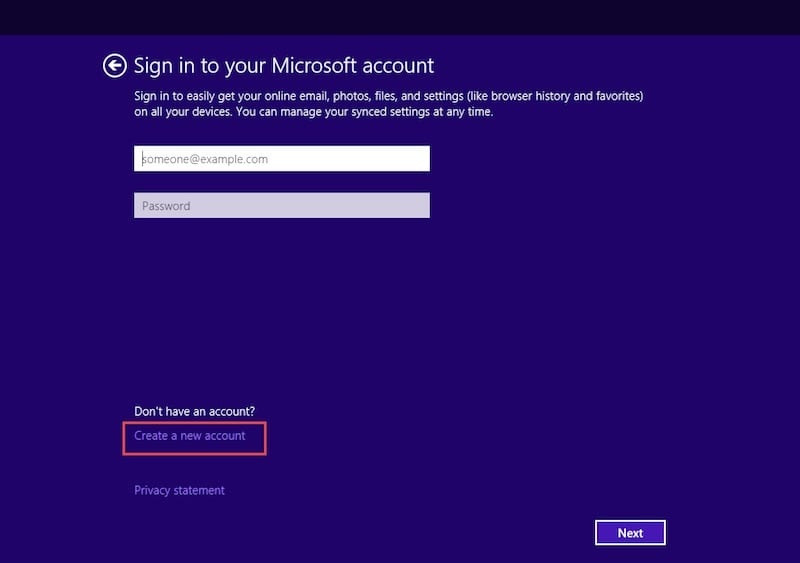 Creating a new Microsoft account option in the Windows 10 technical preview. (Image Credit: Daniel Petri)
