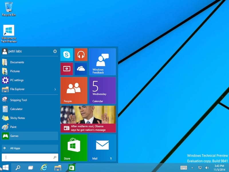 The Windows 10 Start menu in the technical preview. (Image Credit: Daniel Petri)
