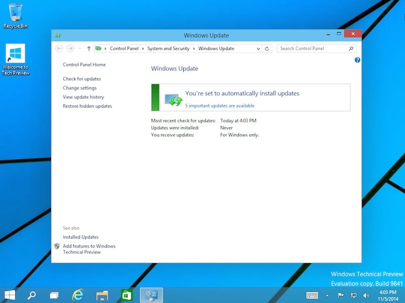 Performing a Windows Update following the Windows 10 Technical Preview installation. (Image Credit: Daniel Petri)