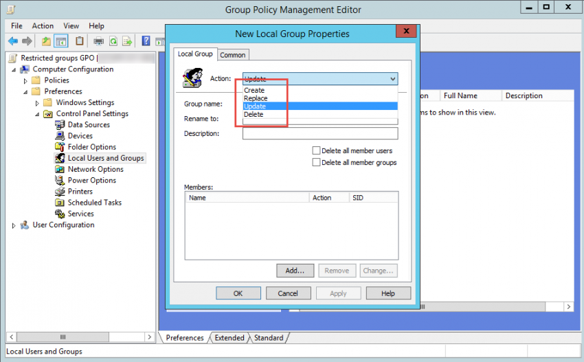 Selecting the update action in the New Local Group Properties dialog box. (Image Credit: Daniel Petri)