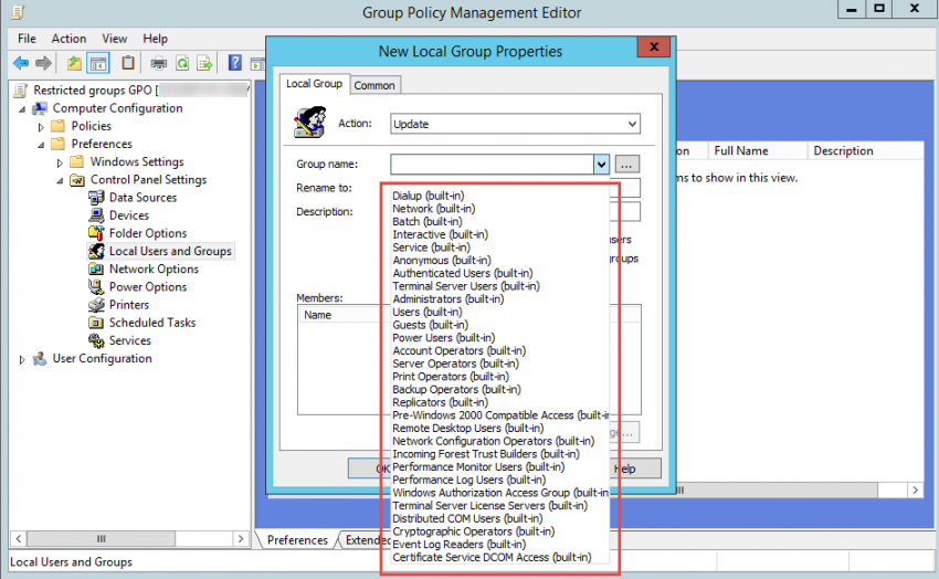List of built-in group names in the New Local Group Properties dialog box. (Image Credit: Daniel Petri)