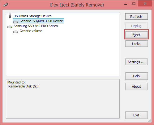 Safely removing a USB device with Dev Eject. (Image Credit: Daniel Petri)