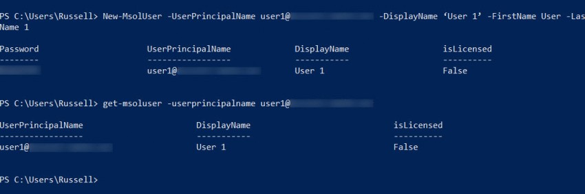 Creating a new Office 365 user account using Windows PowerShell. (Image Credit: Russell Smith)