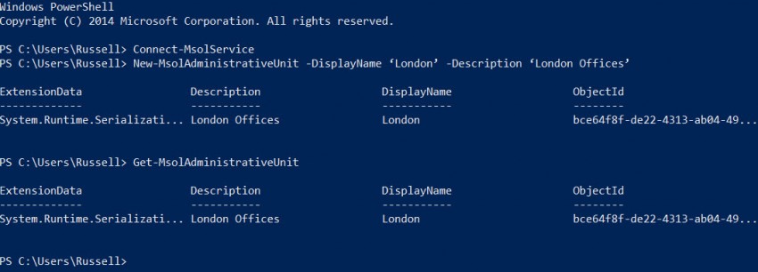 Creating a new Administrative Unit with PowerShell. (Image Credit: Russell Smith)