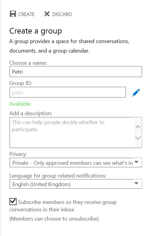 Creating a new Office 365 group in Outlook.com. (Image Credit: Russell Smith)