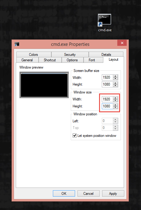 Changing command prompt width and height properties. (Image Credit: Daniel Petri)