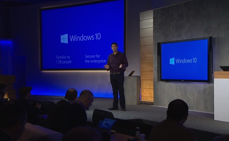 Microsoft's Terry Myerson discusses the free upgrade policy for Windows 10 at a media event on the Microsoft Redmond, WA campus on January 21st, 2015. (Image: Jeff James/Microsoft event live stream)