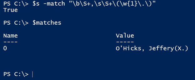 Our modified command with the -match operator in Windows PowerShell. (Image Credit: Jeff Hicks)