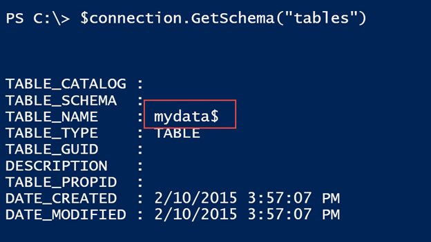 Specifying a connection name by using PowerShell's GetSchema() method. (Image Credit: Jeff Hicks)