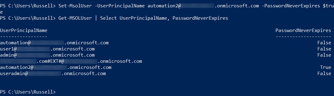 Reset an Azure Active Directory User Password and Set to Never Expire
